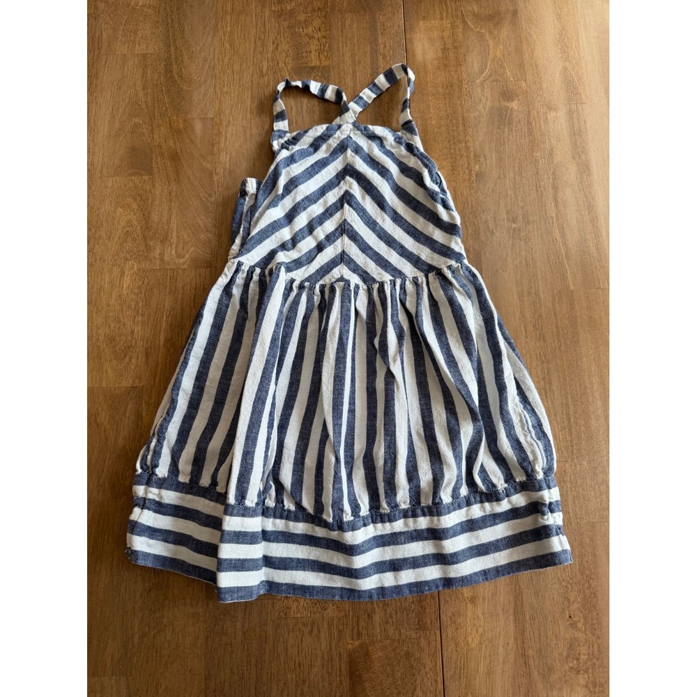 Carters Kid Girls Blue White Striped Linen Blend Cross Back Sun Dress Size 6 6x